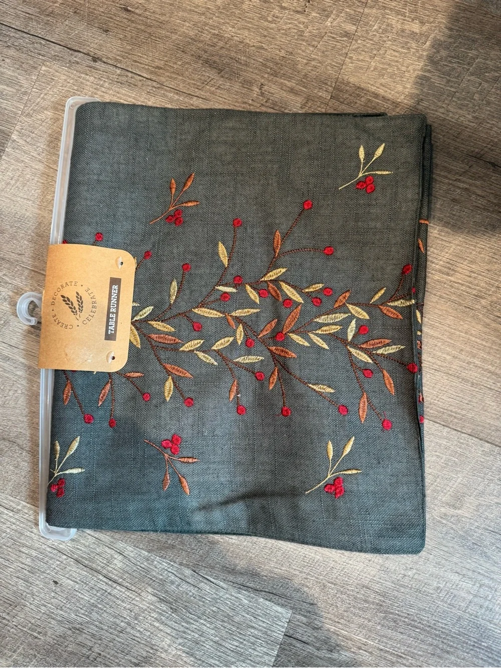 Embroidered Dark Gray Holiday Table Runner with Red Berry Accents